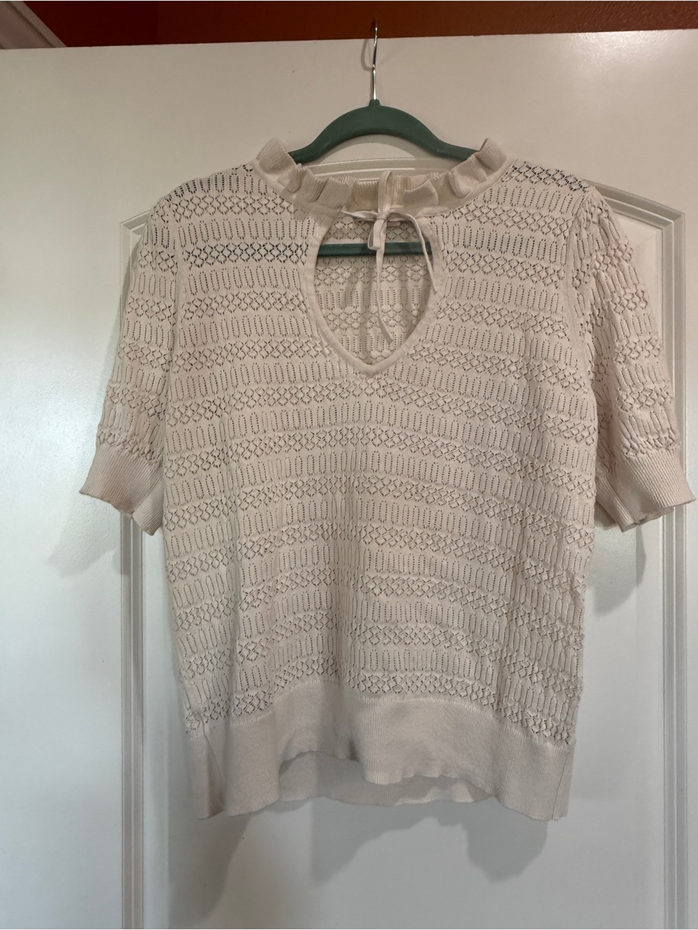 100% cotton LOFT Cream Open-Knit Short Sleeve Pullover with Ruffled Tie Neck